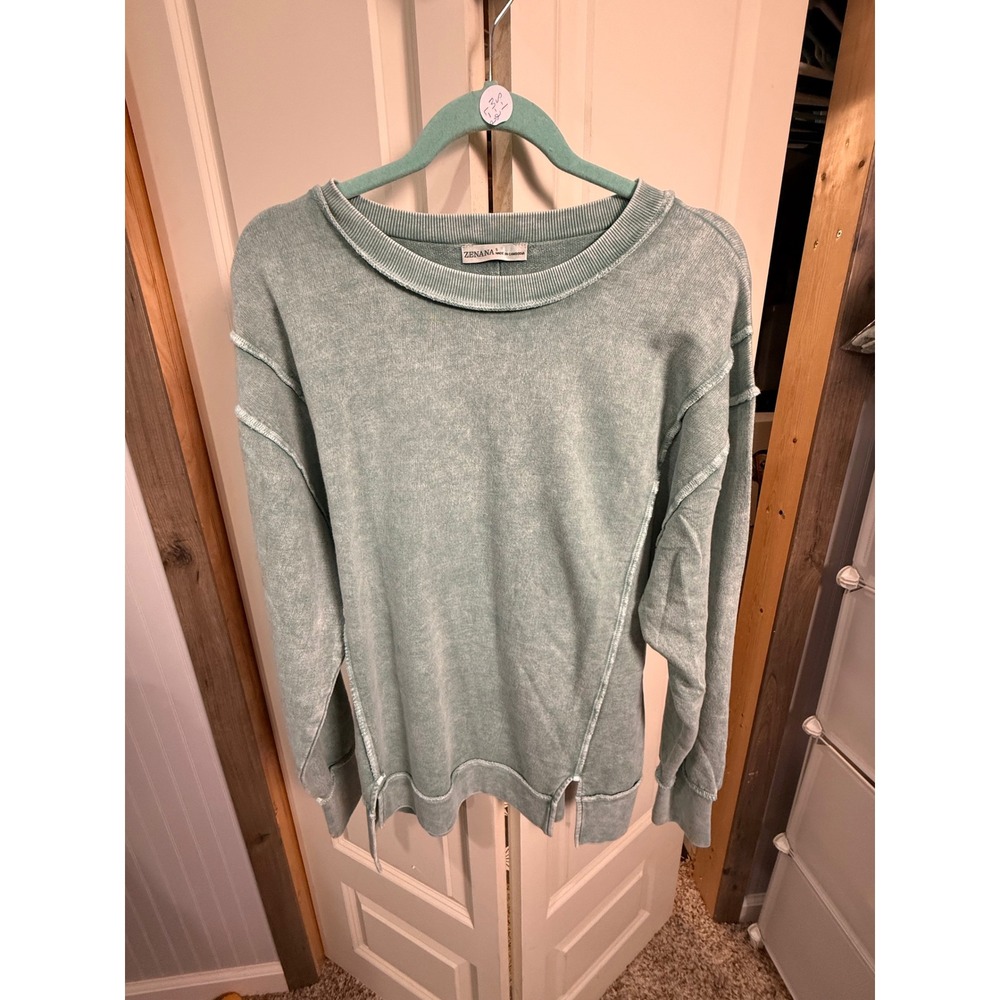 Zenana Women Sage Green Mineral Wash Exposed Seam Oversized Sweatshirt Pullover